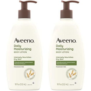 Aveeno Daily Moisturizing Body Lotion with Soothing Prebiotic Oat, Gentle Lotion Nourishes Dry Skin With Moisture, Paraben-, Dye- & Fragrance-Free, Non-Greasy & Non-Comedogenic, 2 x 18 oz