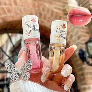 2 PCS Big Brush Head Crystal Jelly Moisturizing Lip Oil, Honey&Peach Vitamin E Lip Tint Lip Plumper Lip Care Serum, Long Lasting Nourishing Non-sticky Fresh Texture Lip Care Korean Lip Tint Cosmetics