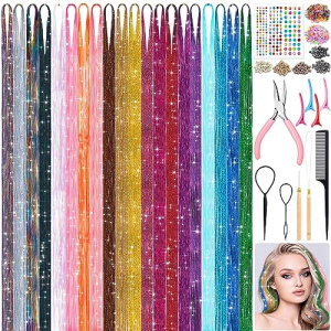 20 Colors Fairy Hair Tinsel Kit 4000 Hair Glitter Strands 48 Inch Heat Resistant Tinsel Hair Extensions Sparkling Shiny Highlights Hair Tinsel with Tools for Christmas Halloween New Year Cosplay Party