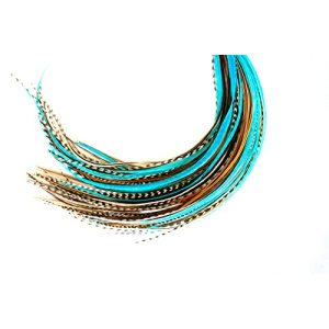 21 Natural & Turquoise Color Hair Feathers - 7”- 12” Long - Feathers for Hair Extension, Rooster Feathers DIY Kit - Eye-Catching Design - 10 Micro-link Beads - 100% Real Rooster Feathers