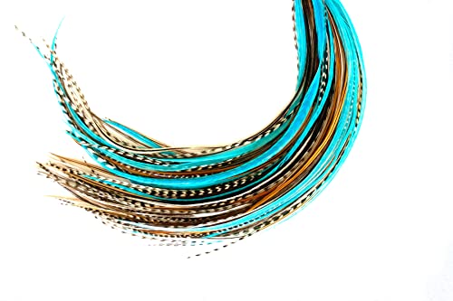 21 Natural & Turquoise Color Hair Feathers - 7”- 12” 21 Natural & Turquoise Color Hair Feathers - 7”- 12” Long - Feathers for Hair Extension, Rooster Feathers DIY Kit - Eye-Catching Design - 10 Micro-link Beads - 100% Real Rooster Feathers
