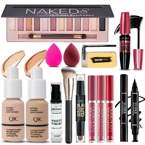 All in One Makeup Kit for Women Full Kit, Includes All in One Makeup Kit for Women Full Kit, Includes 12 Colors Shimmer Eyeshadow Palette, Foundation & Face Primer, Lipstick Set, Winged Eyeliner Stamp, Mascara, Contour Stick, Eyebrow Soap, Makeup Brush, Makeup Sponge, Make Up Gift Set for Women, Teens