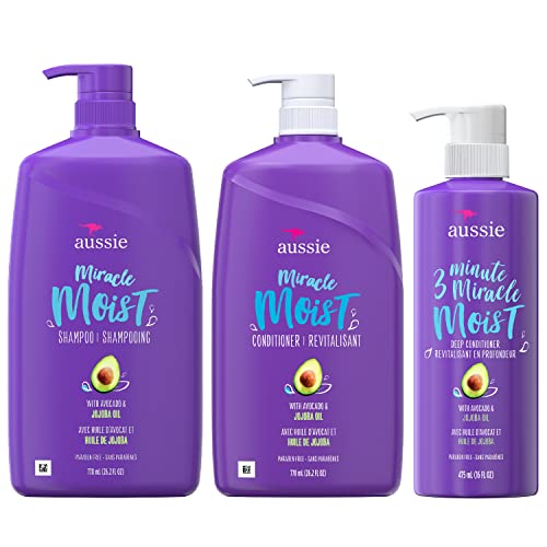 Aussie Miracle Moist Shampoo, and 3 Minute Miracle Deep Conditioner Aussie Miracle Moist Shampoo, and 3 Minute Miracle Deep Conditioner Hair Treatment Bundle, Infused with Avocado & Australian Jojoba Oil, Paraben Free, White, Citrus, 3 Piece Set