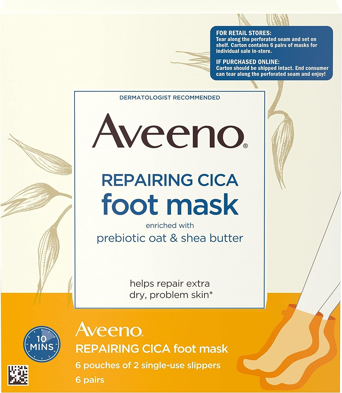 Aveeno Repairing CICA Foot Mask with Prebiotic Oat and Shea Aveeno Repairing CICA Foot Mask with Prebiotic Oat and Shea Butter, Moisturizing Foot Mask for Extra Dry Skin, 6 Pairs of Single-Use Slippers