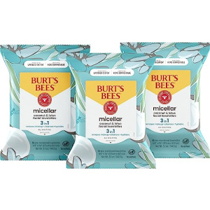 Burt's Bees Face Wipes, Makeup Remover Facial Cleansing Towelettes for All Skin Types, 3 in 1 Hydrating Micellar Cleanser with Coconut & Lotus Water, 30 Count (Pack of 3)
