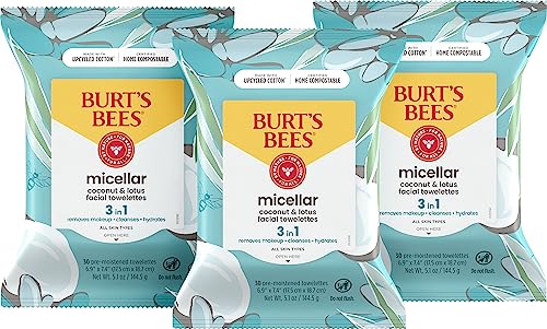 Burt's Bees Face Wipes, Makeup Remover Facial Cleansing Towelettes for Burt's Bees Face Wipes, Makeup Remover Facial Cleansing Towelettes for All Skin Types, 3 in 1 Hydrating Micellar Cleanser with Coconut & Lotus Water, 30 Count (Pack of 3)