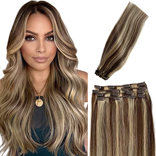 Clip in Hair Extensions Real Human Hair, Licoville Hair Extensions Clip in Hair Extensions Real Human Hair, Licoville Hair Extensions Clip ins Brown and Blonde Human Hair Extensions Double Weft Soft Brown with Highlights Blonde Clip in Extensions(#4/613)