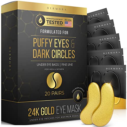DERMORA Skin Treatment Mask 24K Gold Eye Mask - 20 DERMORA Skin Treatment Mask 24K Gold Eye Mask - 20 Pairs Eye Gels - Rejuvenating Treatment for Dark Cirlce,Puffiness,Refresh,Revitalizing,Travel,Wrinkles