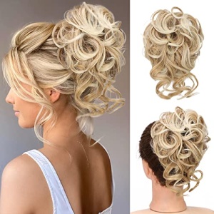 Earfodo Messy Bun Hair Piece, Messy Hair Bun Scrunchies for Women Tousled Updo Bun Synthetic Wavy Curly Chignon Ponytail Hairpiece for Daily Wear(27/613#:Strawberry Blonde & Bleach Blond Mixed)