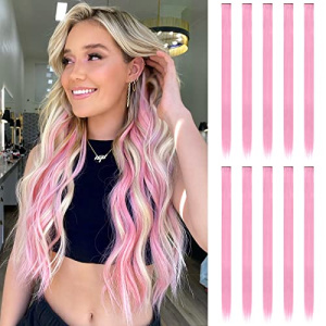 FESHFEN Colored Hair Extensions, 10 PCS Pink Hairpieces for Women Highlight Colorful Straight Clip in Hair Extensions Daily Party Costumes Hair Pieces for Girls Dolls, 22 inch