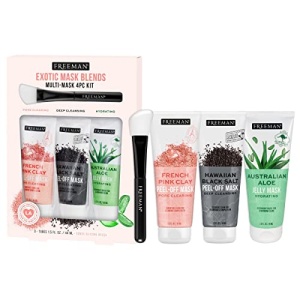 FREEMAN Exotic Facial Mask Blends Kit, Peel-Off & Jelly Masks, Cleansing, Pore-Clearing & Hydrating Facial Masks, For All Skin Types, Includes Silicone Mask Brush, Vegan & Cruelty-Free, 4 Piece Set