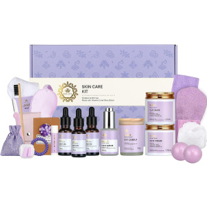 Facial Skin Care Set & Bath Spa Kit, Bath and Body At Home Spa Kit, Mothers Day Gifts Ideas, Self-care Relaxation Gift, Skin Care Collection plus essential oil, Hyaluronic Acid, Vitamin E.(Lavender)