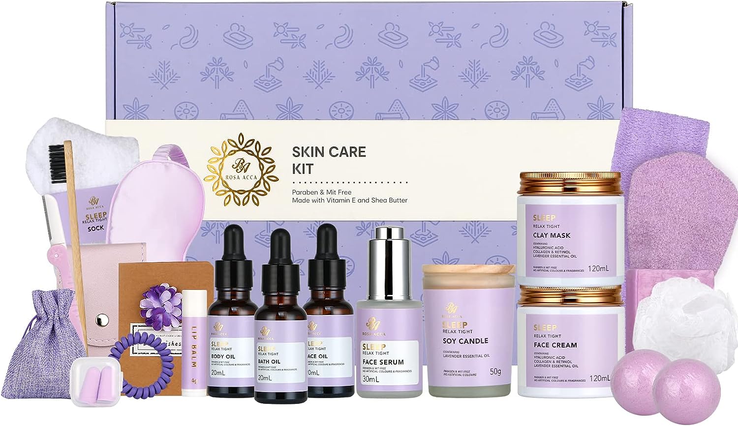 Facial Skin Care Set & Bath Spa Kit, Bath and Facial Skin Care Set & Bath Spa Kit, Bath and Body At Home Spa Kit, Mothers Day Gifts Ideas, Self-care Relaxation Gift, Skin Care Collection plus essential oil, Hyaluronic Acid, Vitamin E.(Lavender)