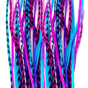 Feather Hair Extensions, 100% Real Rooster Feathers, Long Pink, Purple, Blue Colors, 20 Feathers with 20 Silicone Microlinks and loop tool