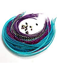 Feather Hair Extensions, 100% Real Rooster Feathers, Long Violet, Purple, Feather Hair Extensions, 100% Real Rooster Feathers, Long Violet, Purple, Blue Colors, 20 Feathers with 20 Beads and Loop Tool Kit by Sexy Sparkles