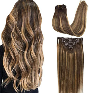 GOO GOO Clip-in Hair Extensions for Women, Soft & Natural, Handmade Real Human Hair Extensions, Chocolate Brown to Caramel Blonde, Long, Straight #(4/27)/4, 7pcs 120g 16 inches