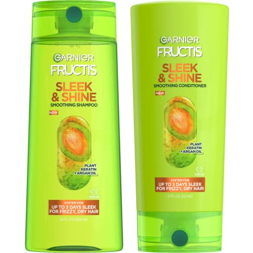 Garnier Fructis Sleek & Shine Shampoo (22 Fl Oz) + Garnier Fructis Sleek & Shine Shampoo (22 Fl Oz) + Conditioner (21 Fl Oz) Set for Frizzy, Dry Hair, Plant Keratin + Argan Oil (2 Items), 1 Kit (Packaging May Vary)