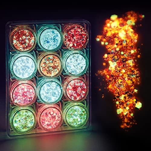 Glow in The Dark Body Face Glitter Gel for Women, Glow in The Dark Body Face Glitter Gel for Women, 12 Colors Glitter Gel Makeup Chunky Fine Glitter, UV Black Light Glitter for Body/Face/Hair/Eyeshadow, Glitter for Carnival Party(Not Loose Glitter)