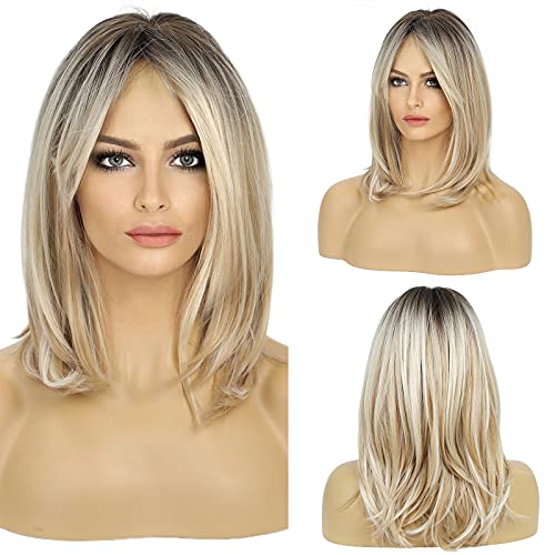 HAIRCUBE Long Blonde Wigs for Women Synthetic Hair Wig with HAIRCUBE Long Blonde Wigs for Women Synthetic Hair Wig with Bangs Ombre Color with Black Roots