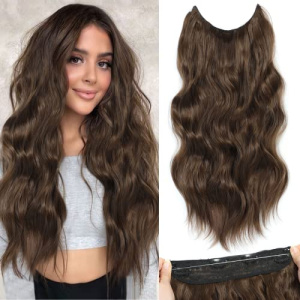 Halo Hair Extensions Adjustable Long Wavy Hairextension Synthetic Wig Upgrade 4 Secure Clips in Hairpieces Invisible Wire Black Hair Extensions (20 Inch, Medium Brown)