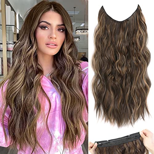 Halo Hair Extensions with Adjustable Transparent Headband Size 4 Secure Halo Hair Extensions with Adjustable Transparent Headband Size 4 Secure Clips Long Wavy Invisible Wire Secret Hairpieces 20 Inch Honey Blonde Mixed Light Brown Hair Extensions for Women