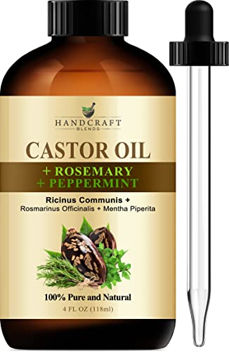Handcraft Castor Oil with Rosemary Oil and Peppermint Oil for Handcraft Castor Oil with Rosemary Oil and Peppermint Oil for Hair Growth, Eyelashes and Eyebrows - 100% Pure and Natural Carrier Oil, Hair Oil - Moisturizing Massage Oil for Aromatherapy - 4 fl. Oz