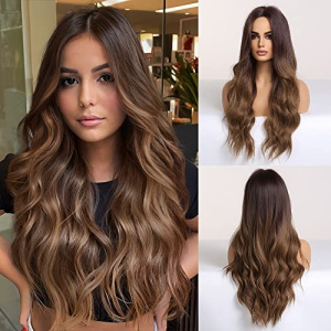 Haoland Brown Wig for Women Long Curly Wig Natural Brunette Wigs Middle Part Heat Resistant Synthetic 26 Inch Wig