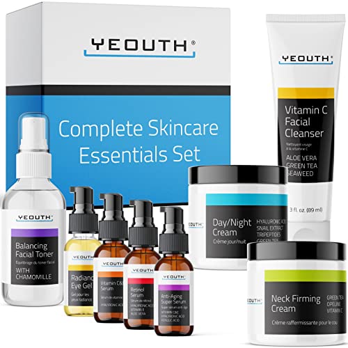 Hyaluronic Acid,Vitamin C Face Serum, Anti Aging Serum, Cleanser, Toner, Hyaluronic Acid,Vitamin C Face Serum, Anti Aging Serum, Cleanser, Toner, Eye Gel, Neck & Face Cream, Skin Care Gift Set for Women & Men 8-Piece Kit Complete Skincare Essentials Set by YEOUTH