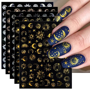 JMEOWIO 10 Sheets Moon Star Sun Nail Art Stickers Decals Self-Adhesive Pegatinas Uñas Colorful Rose Gold Nail Supplies Nail Art Design Decoration Accessories
