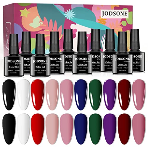 JODSONE Gel Nail Polish Starter Kit 10 Colors Black White JODSONE Gel Nail Polish Starter Kit 10 Colors Black White Pink Green Soak off No Wipe Nail Gel Polish Set Suitable for All Seasons