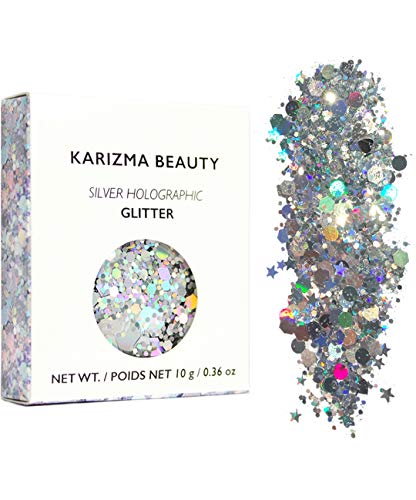 KARIZMA Holographic Silver Body Glitter. 10g Chunky Face Glitter, Hair KARIZMA Holographic Silver Body Glitter. 10g Chunky Face Glitter, Hair Glitter, Eye Glitter and Body Glitter for Women. Rave Glitter, Festival Accessories, Cosmetic Glitter Makeup. Loose Glitter Set