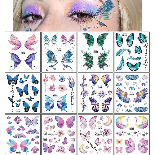 Konsait 12 Sheets Glitter Butterfly Temporary Tattoos for Women Girls Konsait 12 Sheets Glitter Butterfly Temporary Tattoos for Women Girls Butterfly Face Tattoos for Women Eye Sticker Fairy Makeup Kids Tattoos Temporary For Girls Fairy Princess Party Favors