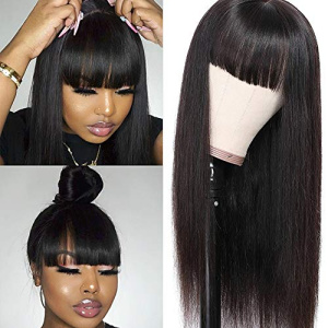 Lzlefho Silky Brazilian Virgin Straight Human Hair Wigs with Bangs 130% Density None Lace Front Wigs Glueless Machine Made Wigs for Black Women Natural Color (16inch)