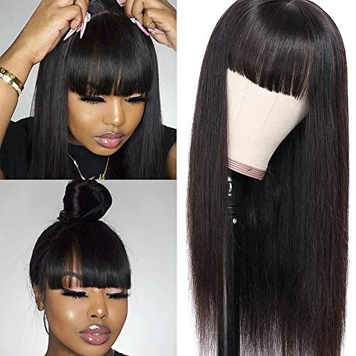 Lzlefho Silky Brazilian Virgin Straight Human Hair Wigs with Bangs Lzlefho Silky Brazilian Virgin Straight Human Hair Wigs with Bangs 130% Density None Lace Front Wigs Glueless Machine Made Wigs for Black Women Natural Color (16inch)
