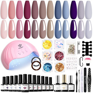 Modelones 35 Pcs Gel Nail Polish Kit with U V Light 48W Nail Dryer Lamp-12 Colors Pink Nude Brown At-Home Gel Manicure kit Glossy & Matte Base Top Coat/Manicure Tools/Nail Art DIY at Home Gift for Women