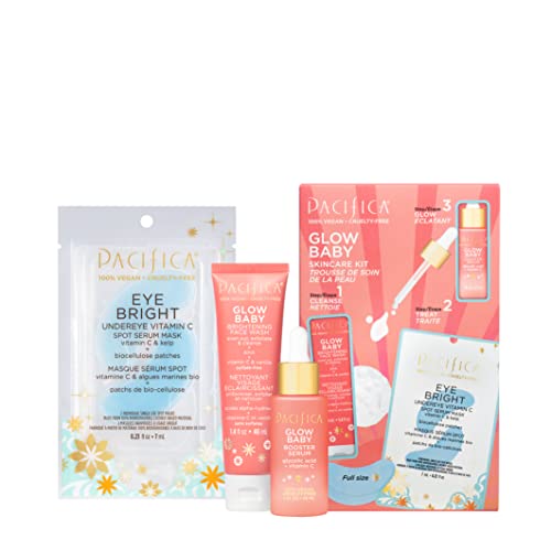 Pacifica Beauty | Glow Baby Vitamin C Trial + Value Pacifica Beauty | Glow Baby Vitamin C Trial + Value Kit | 3-Piece Skin Care Gift Set | Travel Friendly | Brightening Face Serum, Face Wash/Cleanser, Under Eye Patches | Glycolic Acid, AHA | Vegan