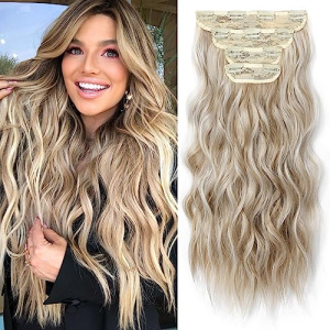 REECHO Hair Extensions, 4PCS Clip in Hair Extensions HE001 Natural Soft Synthetic Hairpieces for Women, Medium Blonde with Highlights
