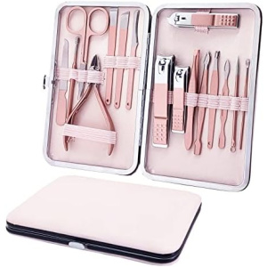 SHICEN Manicure Set, Professional Nail Clippers Kit, Pedicure Care Tools, Professional Women Grooming Kit -Premium Stainless Steel with Pink Travel Case Set 16PC Great Gift(Rose Gold)