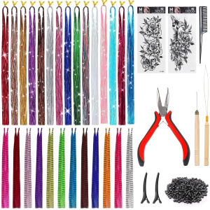 SYGY Hair Tinsel Kit, 15 Colors 3000 Strands Tinsel Hair Extensions and 12 Colors 24 PCS Hair Feathers Extensions Kit with Tools, Fairy Hair Tinsel Heat Resistant for Women Girls Hair Accessories, Glitter Hair Extensions for Halloween Cosplay Christmas New Year Party