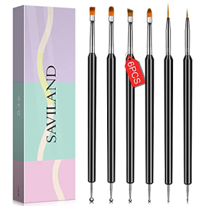 Saviland Nail Art Brushes Set - 6pcs Double-End Nail Art Brushes Kit Professional Nail Art Tools Kit with Painting Dotting Line Pen for Gel Polish Nail Design Nail Carving French Nails