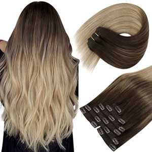 Sunny Ombre Clip in Hair Extensions, Invisible Clip in Ombre Hair Extensions Dark Brown Ombre Light Brown with Ash Brown Balayage Hair Extensions Real Human Hair 18inch 120g 7pcs