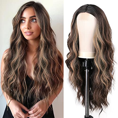 Ulzzviy Long Brown Mixed Blonde Wavy Wig for Women 24 Ulzzviy Long Brown Mixed Blonde Wavy Wig for Women 24 Inch Middle Part Curly Wavy Wig Natural Looking Synthetic Heat Resistant Fiber Wig for Daily Party Use