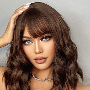 VIKVOK Brown Wavy Bob Wig with Bangs Short Light Brown Wig for Women Natural Looking Short Bronw Curly Bob Wig for Daily Party