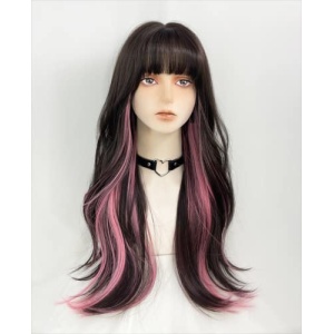 WKLOUYHE Long Wavy Wig for Women Synthetic Curly Wig with Bangs Fibre Cosplay Wig for Girls Daily Use Colorful Wigs (Black+Brown+Pink)