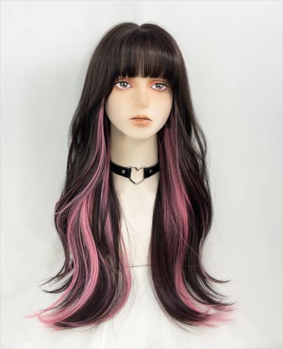 WKLOUYHE Long Wavy Wig for Women Synthetic Curly Wig with WKLOUYHE Long Wavy Wig for Women Synthetic Curly Wig with Bangs Fibre Cosplay Wig for Girls Daily Use Colorful Wigs (Black+Brown+Pink)