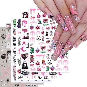 YOSOMK 3D Halloween Nail Art Sticker Decals Pink Ghost Skull Spider Pumpkin Nail Decals Self-Adhesive Nail Art Supplies Accessories for Halloween Party Nail Decoration DIY Design (8 Sheets)
