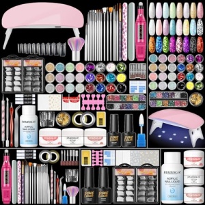 Acrylic Nail Kit with Drill and U V Light, Professional Nail Kit Acrylic Set for beginners with Everything 3PC Powder 24PC Glitter Fake Tips Decoration Nails Set DIY Home Salon