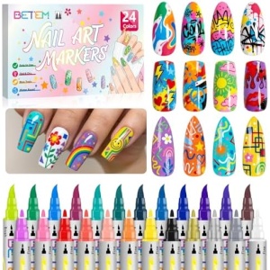 Betem Nail Art Pens Set, 24 Colors Dual-Tip Nail Art Markers, 3D Quick-Drying Nail Polish Pens, Acrylic Paint Markers for DIY Nail Design, Nail Liner Brush & Dotting Tool for Home & Salon DIY